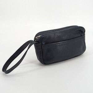 Vintage Navy Blue Leather Wristlet Toiletry Clutch Zip Pouch Bag Front Pocket